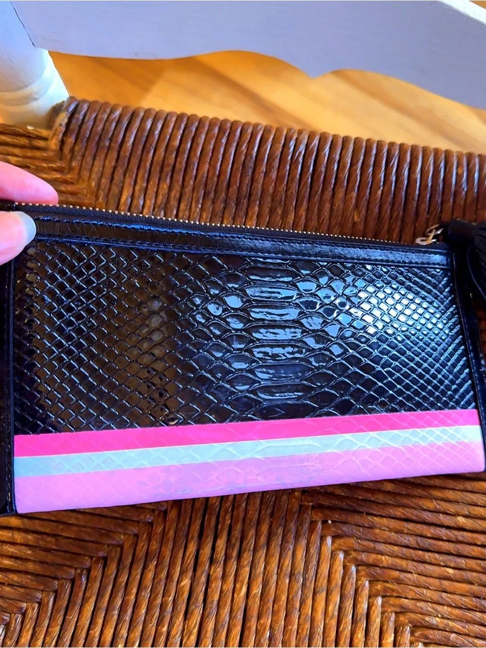 Victoria’s Secret Luxe Python Zip Clutch Wristlet Black Pink Tassel 9” EUC